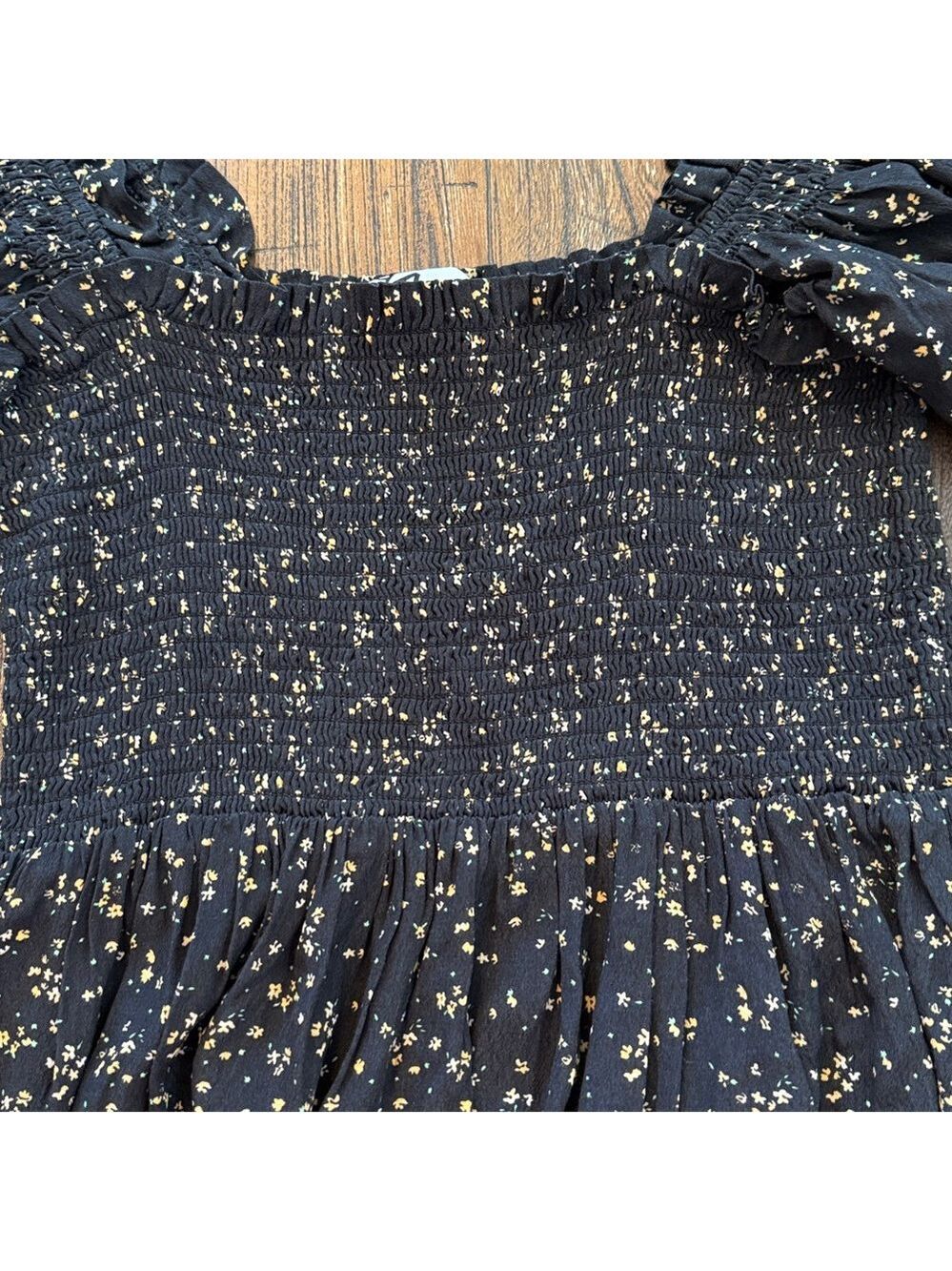 GANNI Floral Smocked Mini Dress Long Balloon Puff Sleeve Black Size 6 EUC - Picture 10 of 12